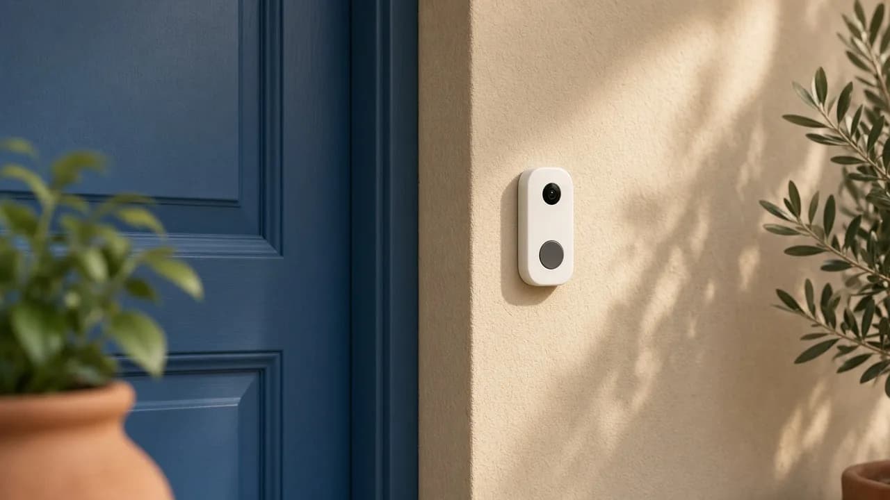 Timbre con cámara blanco instalado junto a una puerta azul con luz de mañana